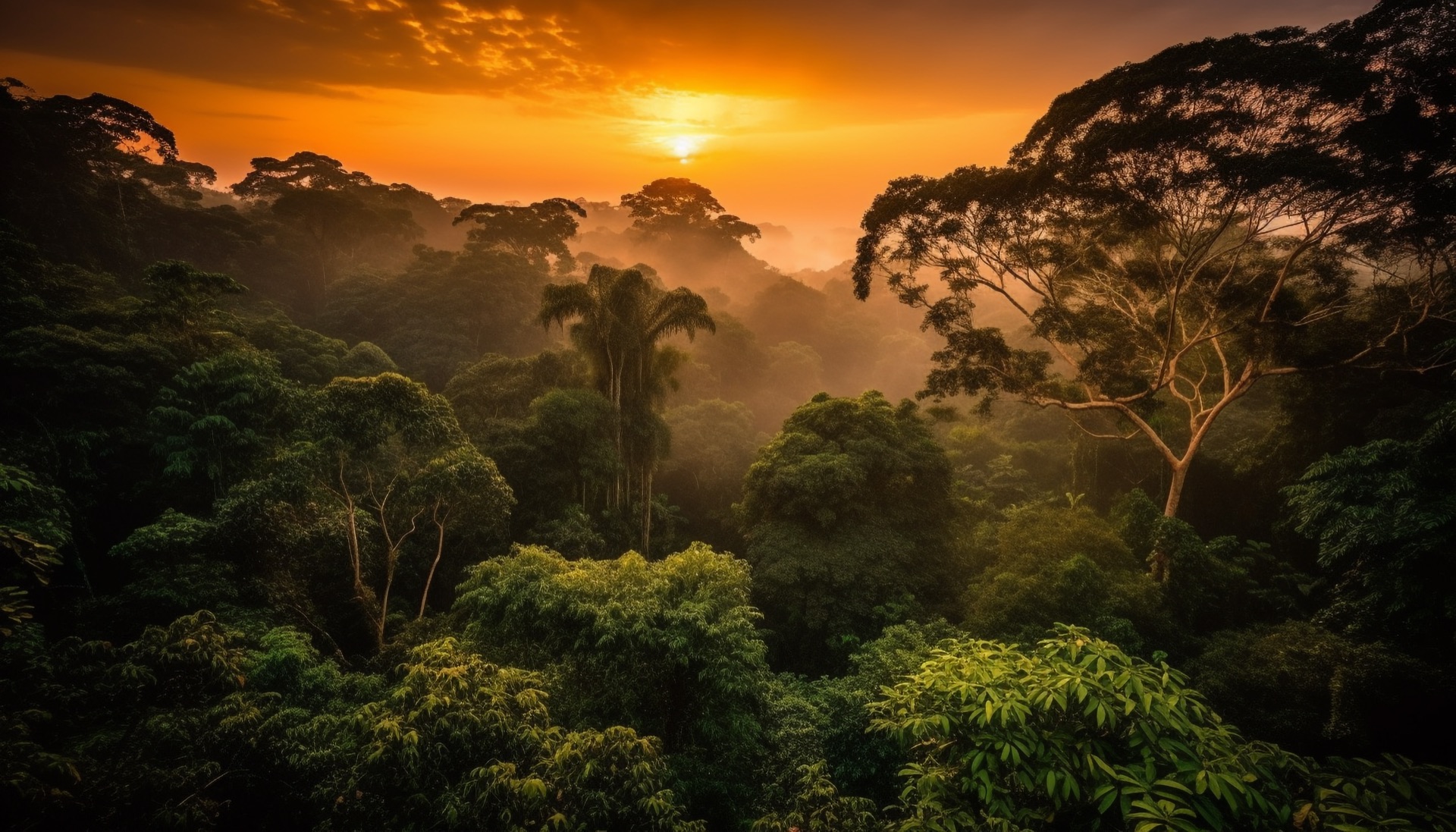 Coucher de soleil sur la forêt tropicale